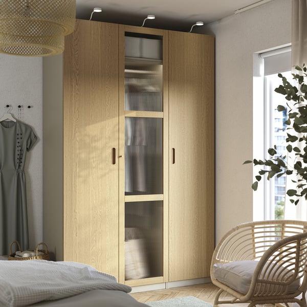 PAX / TONSTAD - PAX / TONSTAD Wardrobe combination, grey-beige/oak veneer glass, 150x60x236 cm