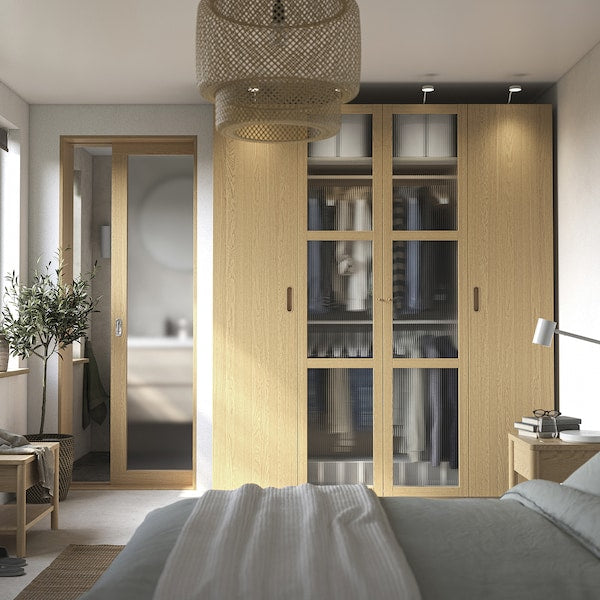 PAX / TONSTAD - Wardrobe combination, grey-beige/oak veneer glass, 200x60x236 cm