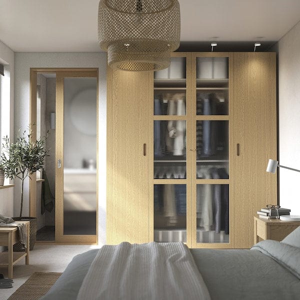 Ikea PAX / TONSTAD - Wardrobe combination, grey-beige/oak veneer glass, 200x60x236 cm