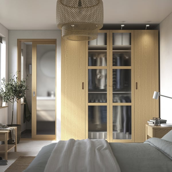 PAX / TONSTAD - PAX / TONSTAD Wardrobe combination, grey-beige/oak veneer glass, 200x60x236 cm