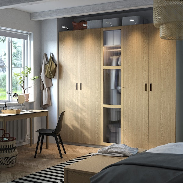 PAX / TONSTAD - Wardrobe combination, grey-beige/oak veneer glass, 250x60x236 cm