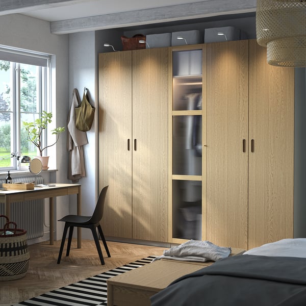 PAX / TONSTAD wardrobe combination, grey-beige/oak veneer glass, 250x60x236 cm