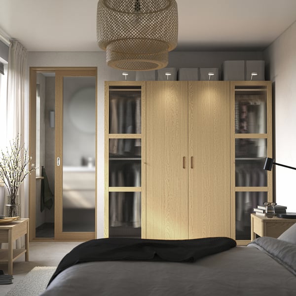 PAX / TONSTAD wardrobe combination, grey-beige/oak veneer glass, 200x60x201 cm