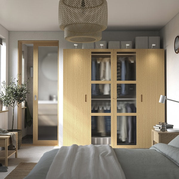 PAX / TONSTAD - Wardrobe combination, grey-beige/oak veneer glass, 200x60x201 cm