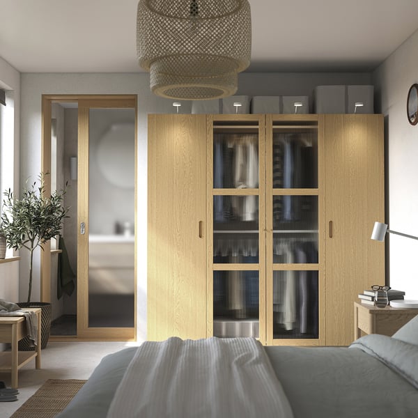 PAX / TONSTAD wardrobe combination, grey-beige/oak veneer glass, 200x60x201 cm