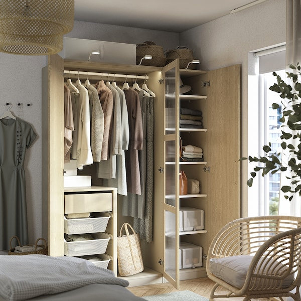 PAX / TONSTAD - Wardrobe combination, grey-beige/oak veneer glass, 150x60x201 cm