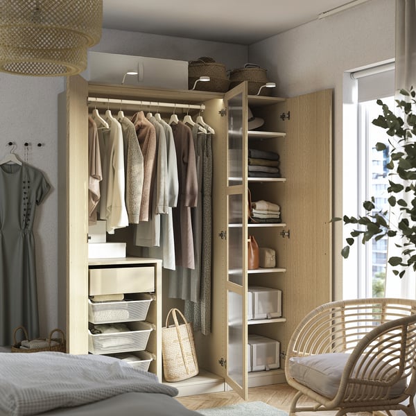 PAX / TONSTAD wardrobe combination, grey-beige/oak veneer glass, 150x60x201 cm