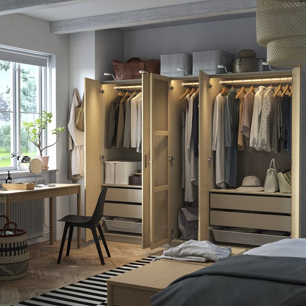 PAX / TONSTAD wardrobe combination, grey-beige/oak veneer glass, 250x60x201 cm