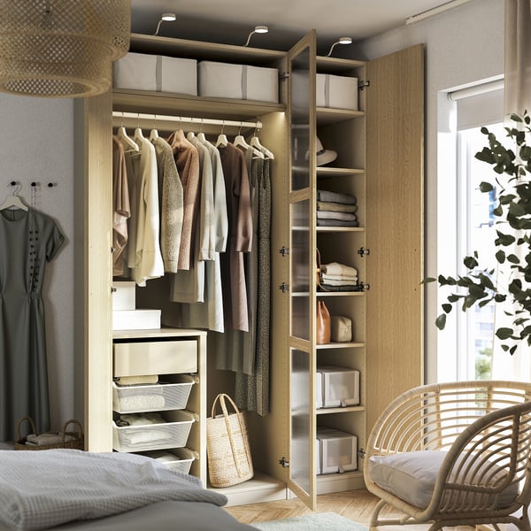 PAX / TONSTAD - PAX / TONSTAD Wardrobe combination, grey-beige/oak veneer glass, 150x60x236 cm