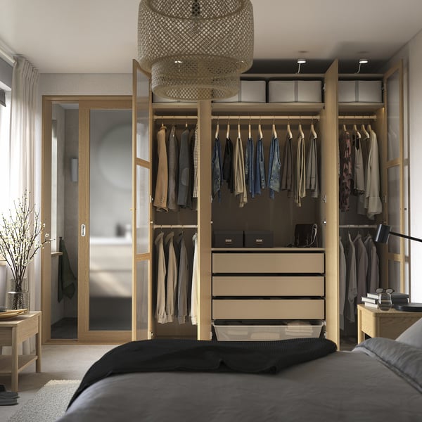 PAX / TONSTAD - PAX / TONSTAD Wardrobe combination, grey-beige/oak veneer glass, 200x60x236 cm