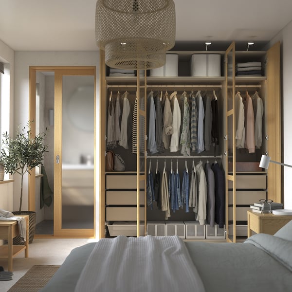PAX / TONSTAD - PAX / TONSTAD Wardrobe combination, grey-beige/oak veneer glass, 200x60x236 cm