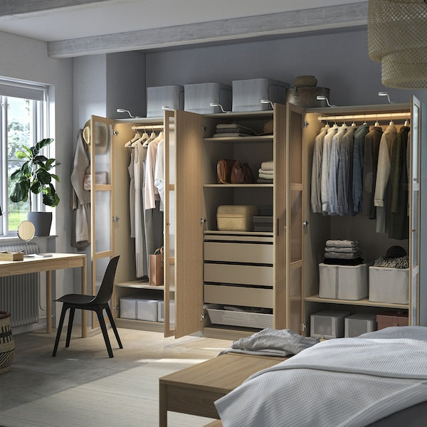 PAX / TONSTAD - Wardrobe combination, grey-beige/oak veneer glass, 300x60x201 cm