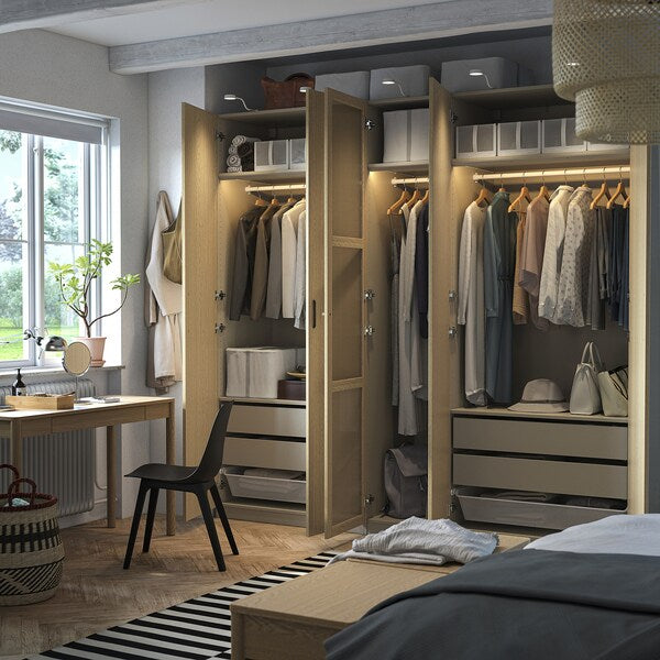 PAX / TONSTAD - Wardrobe combination, grey-beige/oak veneer glass, 250x60x236 cm