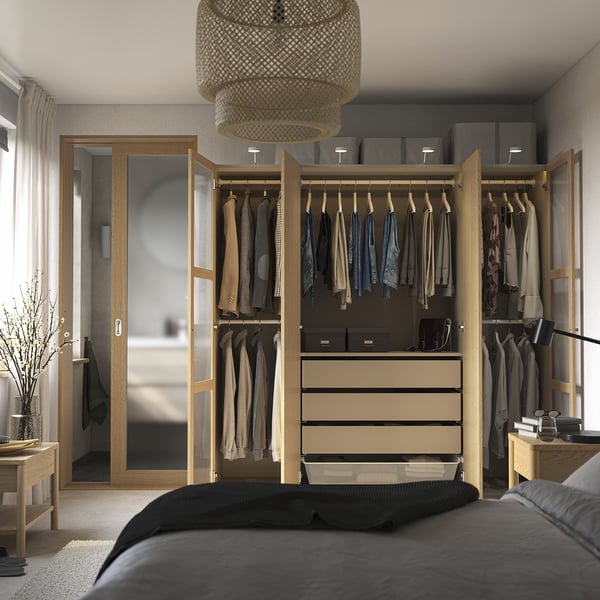 PAX / TONSTAD wardrobe combination, grey-beige/oak veneer glass, 200x60x201 cm