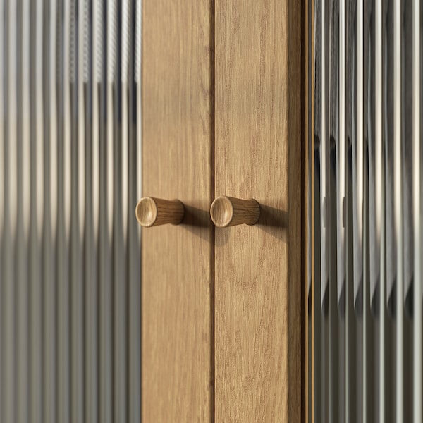 PAX / TONSTAD - Wardrobe combination, grey-beige/oak veneer glass, 200x60x201 cm