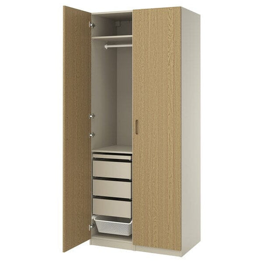 Ikea PAX / TONSTAD - Wardrobe combination, grey-beige/oak veneer, 100x60x236 cm