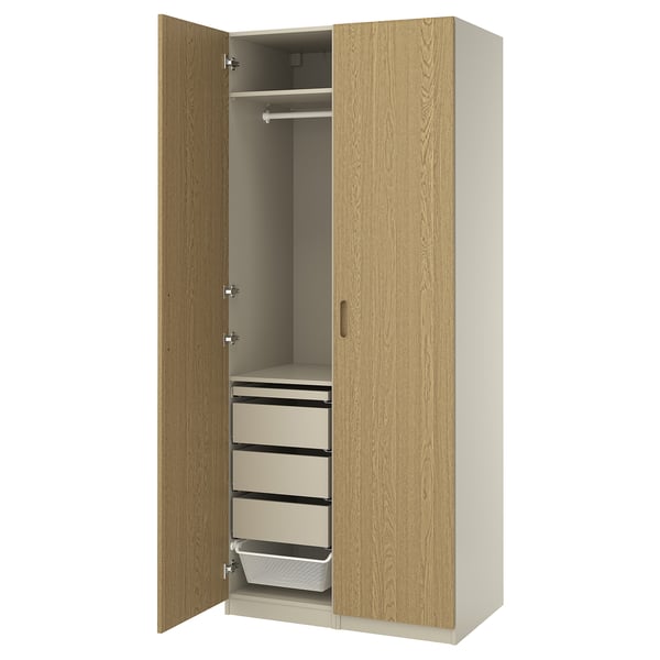 PAX / TONSTAD wardrobe combination, grey-beige/oak veneer, 100x60x236 cm