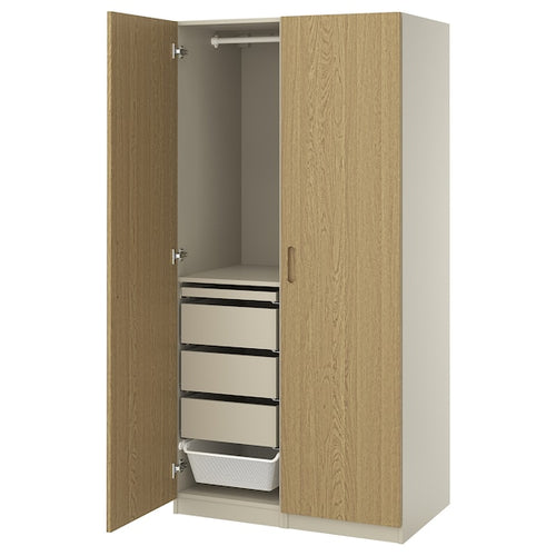 PAX / TONSTAD - Wardrobe combination, grey-beige/oak veneer, 100x60x201 cm