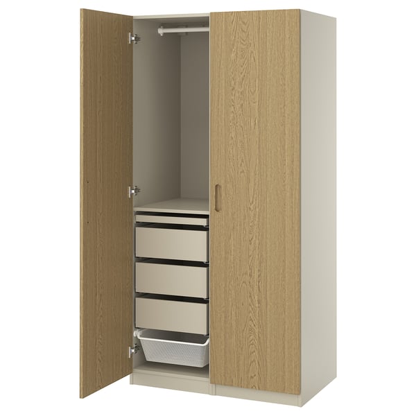 PAX / TONSTAD wardrobe combination, grey-beige/oak veneer, 100x60x201 cm