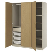 PAX / TONSTAD wardrobe combination, grey-beige/oak veneer, 150x60x201 cm