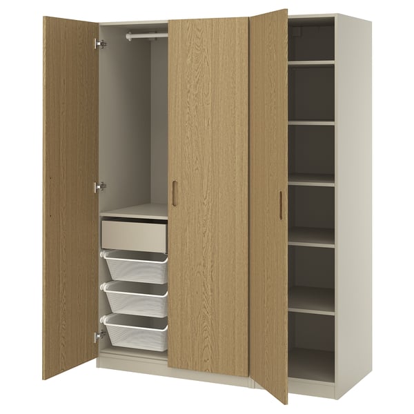PAX / TONSTAD wardrobe combination, grey-beige/oak veneer, 150x60x201 cm