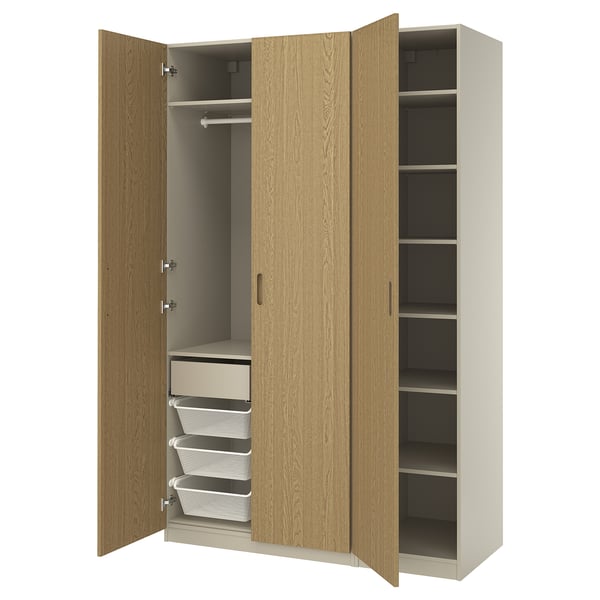 PAX / TONSTAD wardrobe combination, grey-beige/oak veneer, 150x60x236 cm