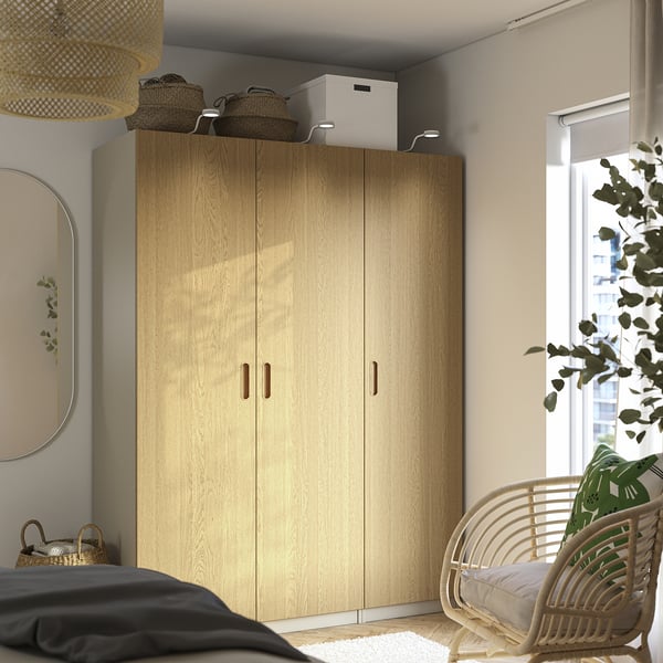 PAX / TONSTAD wardrobe combination, grey-beige/oak veneer, 150x60x201 cm