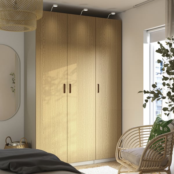 PAX / TONSTAD wardrobe combination, grey-beige/oak veneer, 150x60x236 cm