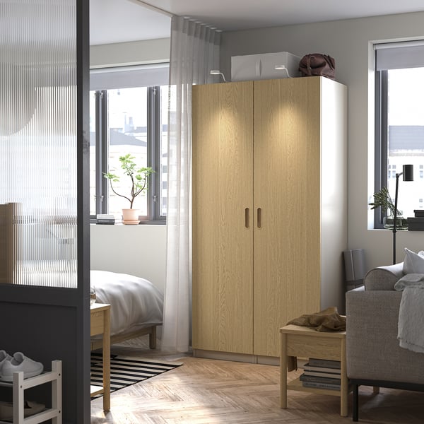 PAX / TONSTAD wardrobe combination, grey-beige/oak veneer, 100x60x201 cm