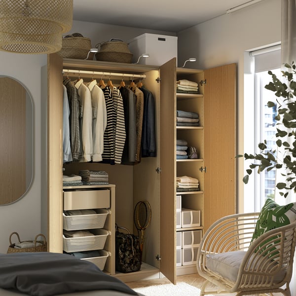 PAX / TONSTAD wardrobe combination, grey-beige/oak veneer, 150x60x201 cm