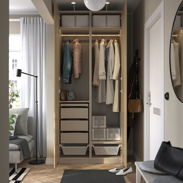 PAX / TONSTAD wardrobe combination, grey-beige/oak veneer, 100x60x236 cm