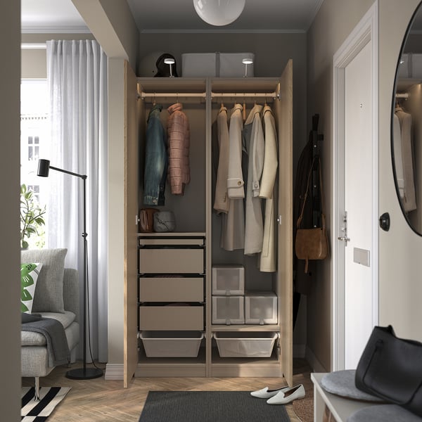PAX / TONSTAD - PAX / TONSTAD Wardrobe combination, grey-beige/oak veneer, 100x60x201 cm