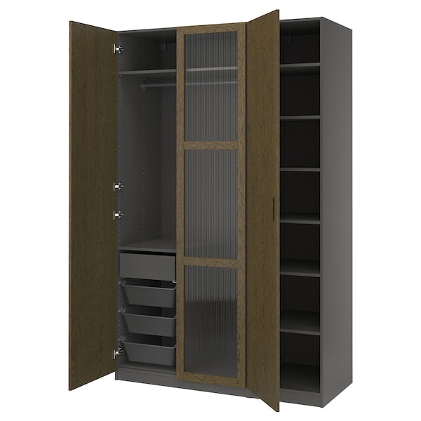 PAX / TONSTAD - Cloakroom combination, dark grey-brown/oak veneer/glass stain,150x60x236 cm