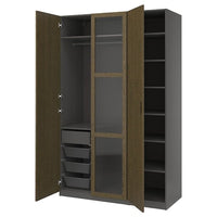 PAX / TONSTAD wardrobe combination, dark grey brown/stained oak veneer glass, 150x60x236 cm