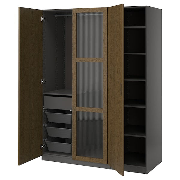 PAX / TONSTAD - Wardrobe combination, dark grey brown/ oak veneer/glass stain,150x60x201 cm