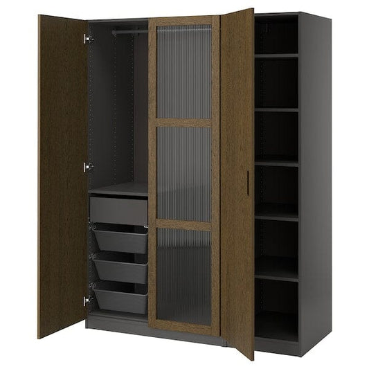 Ikea PAX / TONSTAD - Wardrobe combination, dark grey brown/ oak veneer/glass stain,150x60x201 cm