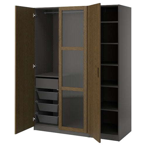 PAX / TONSTAD - Wardrobe combination, dark grey brown/ oak veneer/glass stain,150x60x201 cm