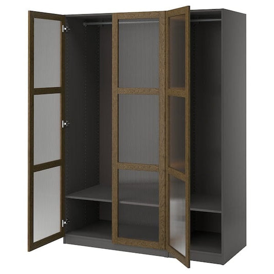 Ikea PAX / TONSTAD - Wardrobe combination, dark grey brown/ oak veneer/glass stain,150x60x201 cm