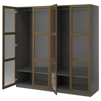 PAX / TONSTAD wardrobe combination, dark grey brown/stained oak veneer glass, 200x60x201 cm