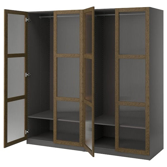 Ikea PAX / TONSTAD - Wardrobe combination, dark grey brown/ oak veneer/glass stain,200x60x201 cm