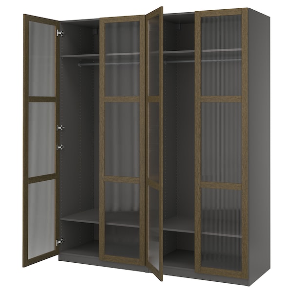 PAX / TONSTAD - Wardrobe combination, dark grey brown/ oak veneer/glass stain,200x60x236 cm