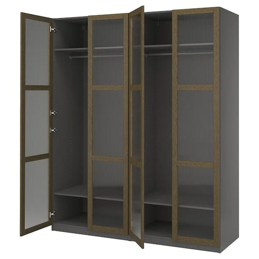 Ikea PAX / TONSTAD - Wardrobe combination, dark grey brown/ oak veneer/glass stain,200x60x236 cm