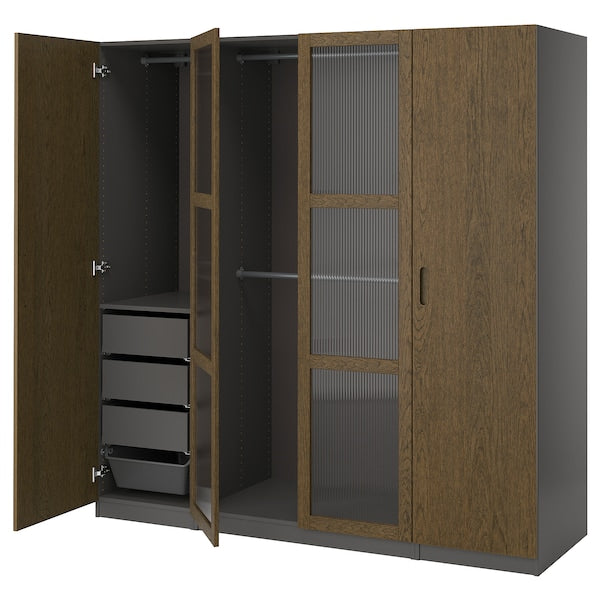 PAX / TONSTAD - Wardrobe combination, dark grey brown/ oak veneer/glass stain,200x60x201 cm