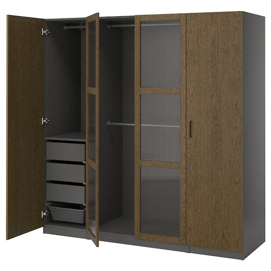 Ikea PAX / TONSTAD - Wardrobe combination, dark grey brown/ oak veneer/glass stain,200x60x201 cm