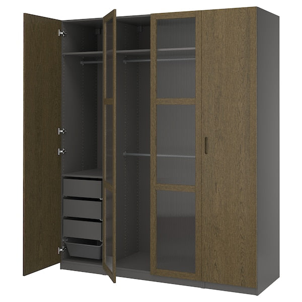 PAX / TONSTAD - Wardrobe combination, dark grey brown/ oak veneer/glass stain,200x60x236 cm