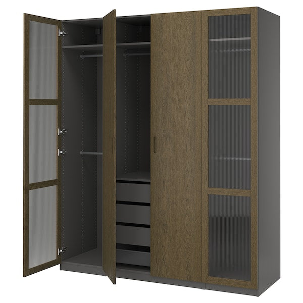 PAX / TONSTAD - Wardrobe combination, dark grey brown/ oak veneer/glass stain,200x60x236 cm