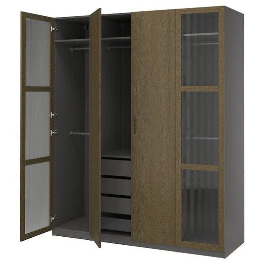 Ikea PAX / TONSTAD - Wardrobe combination, dark grey brown/ oak veneer/glass stain,200x60x236 cm