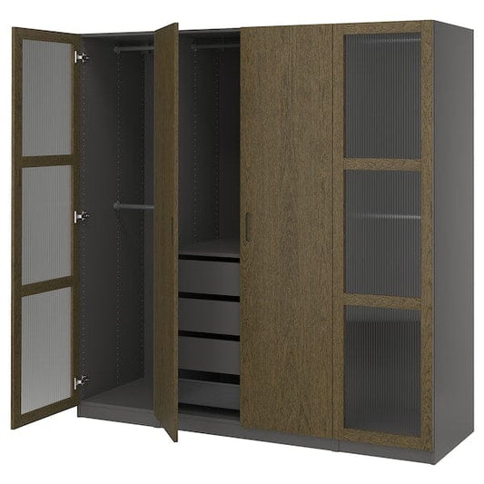 Ikea PAX / TONSTAD - Wardrobe combination, dark grey brown/ oak veneer/glass stain,200x60x201 cm