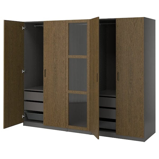 Ikea PAX / TONSTAD - Wardrobe combination, dark grey brown/ oak veneer/glass stain,250x60x201 cm