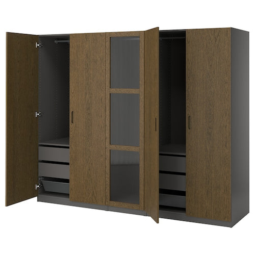 PAX / TONSTAD - Wardrobe combination, dark grey brown/ oak veneer/glass stain,250x60x201 cm